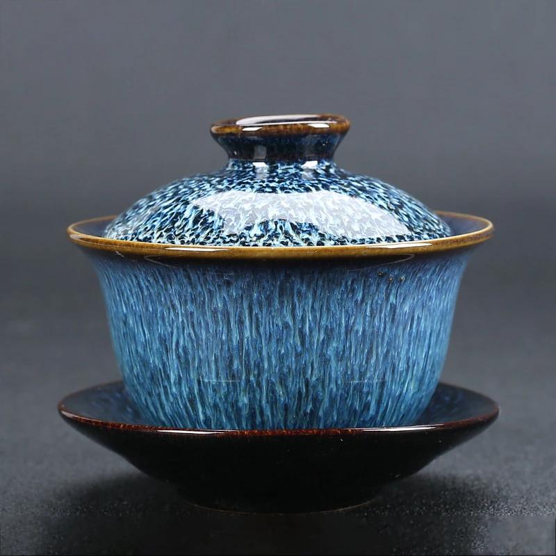 

Jingdezhen Retro Ceramic Tea Gaiwan Teacup Handmade Tea Tureen Chinese Ru Kiln Tea Bowl Luxury Tea Set Accessories Master Cup