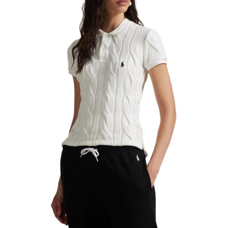 Polo Ralph Lauren FW25 Slim Fit Cable Knit Cotton Polo Shirt Women tops White WMPOKNINB920265-100