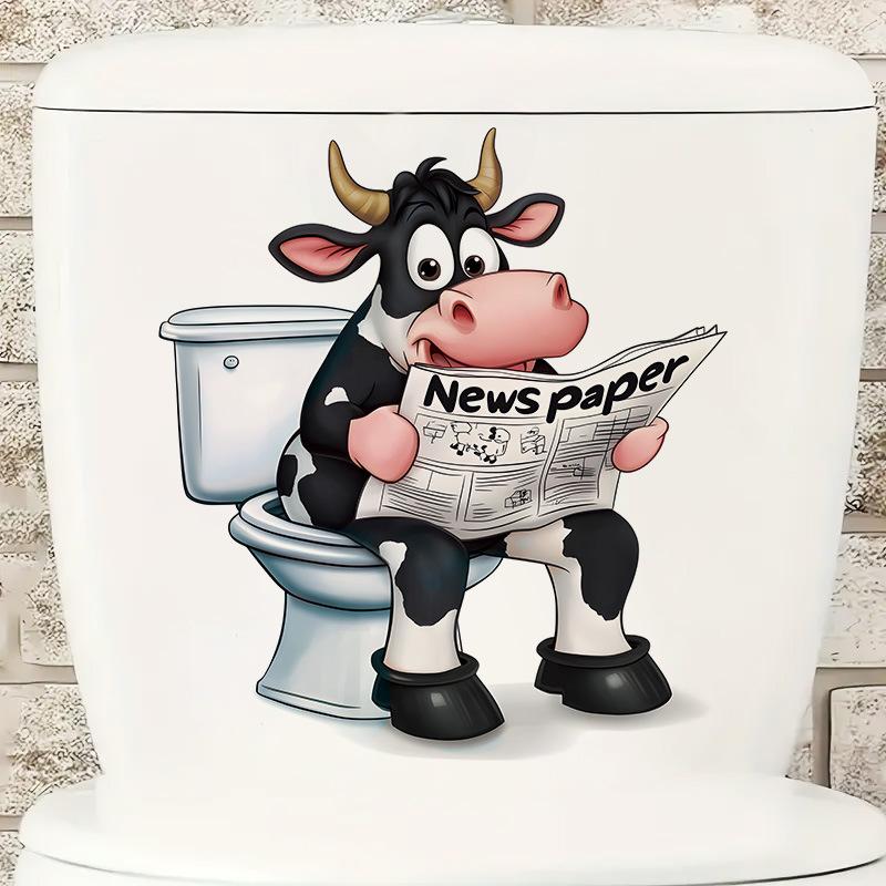 3D Funny Cow Reading Newspaper On Toilet Wall Sticker Self-Adhesive Waterproof Removable Bathroom Home Decor Art