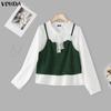 VONDA Women Casual Lace Collar Long Sleeve Fake Two-piece Patchwork Loose Blouse Shirts