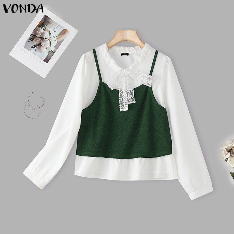 VONDA Women Casual Lace Collar Long Sleeve Fake Two-piece Patchwork Loose Blouse Shirts