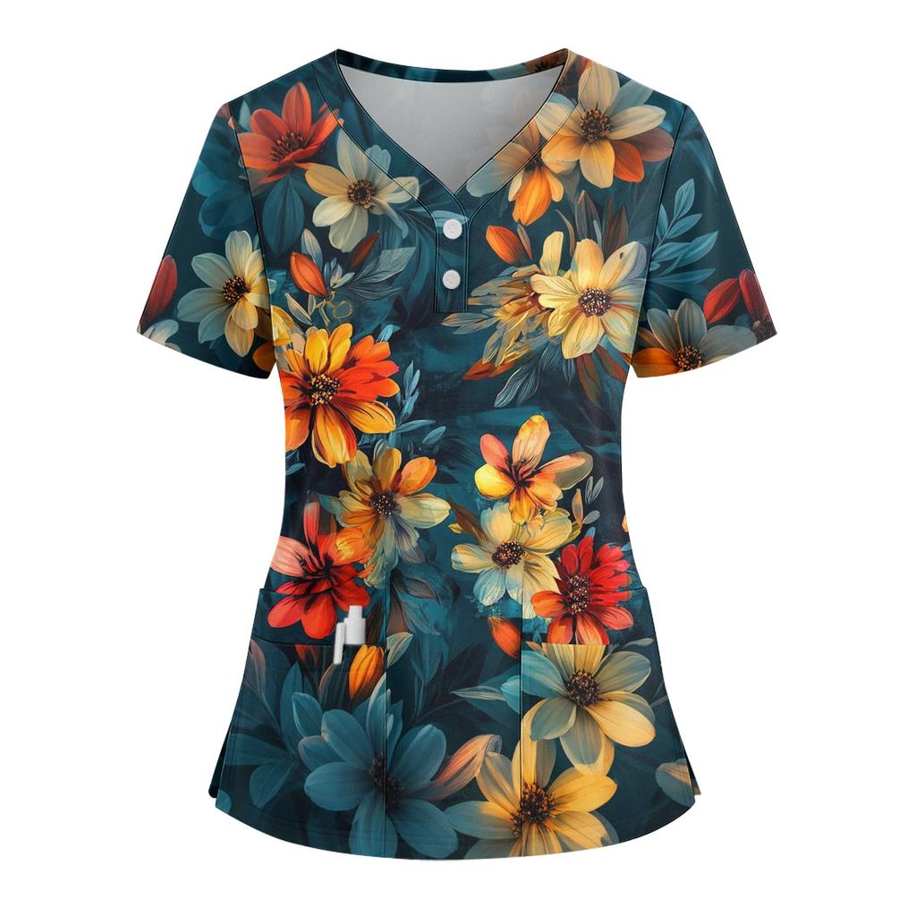 Women's Loose Short Sleeved Fashionable Flowers And Plants Printing V-neck Buttonable Side Slit Top T-shirt
