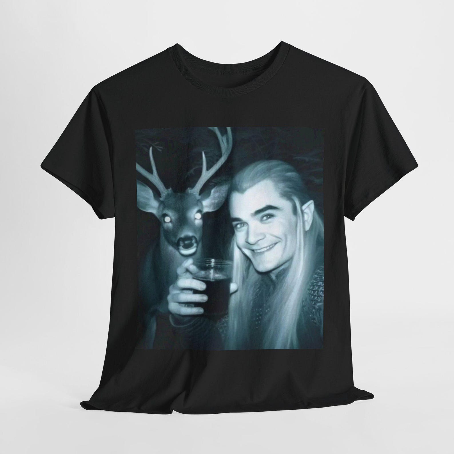 Elf and Deer Drinking Buddies Christmas Graphic Tee, Holiday Unisex Top L