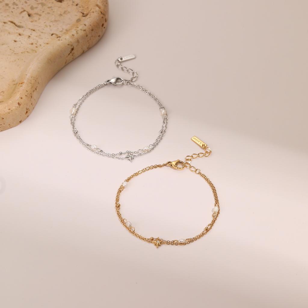 Double Layer Hexagram Star Diamond Encrusted Pearl Necklace Gold Fashion Jewelry