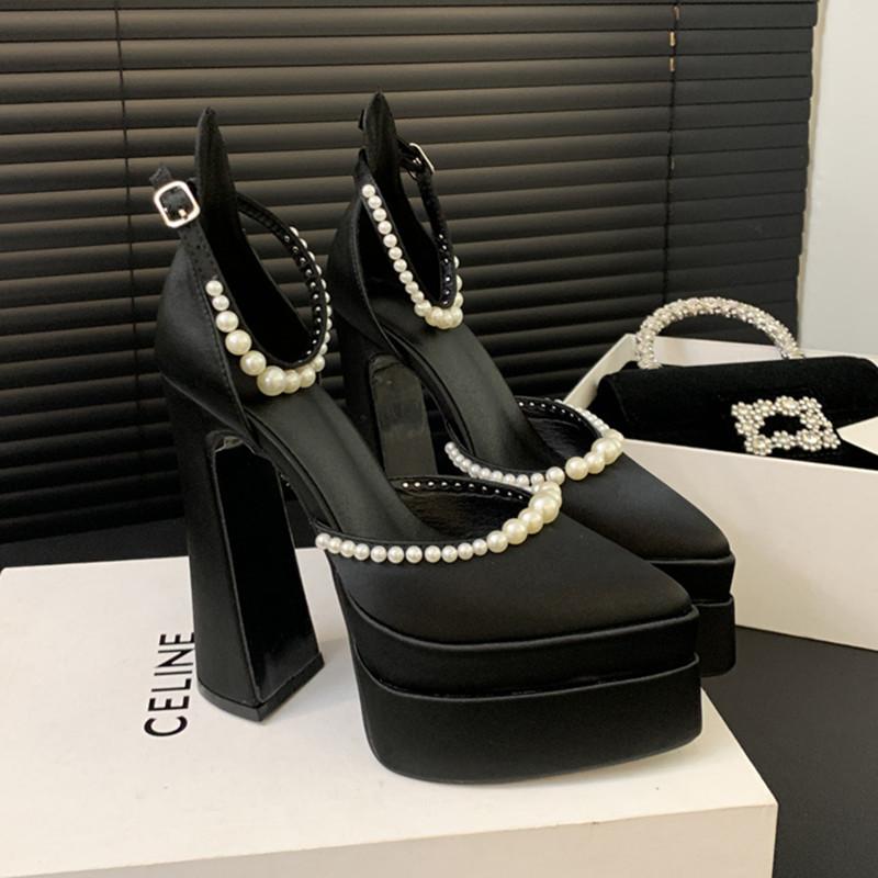 

Модные Роскошные Атласные Жемчужные Деко Платформа Танкетка Женские Туфли Весна Лето Мода Ультра Высокие каблуки Женские Вечерние Платье Массивные Туфли 35 чёрный