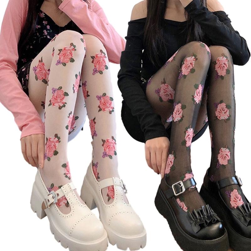 Women Vintage Rose Patterned Thin Tights Japanese JK High Waist Footed Pantyhose Silky Stockings Sheer Fashion Hosiery