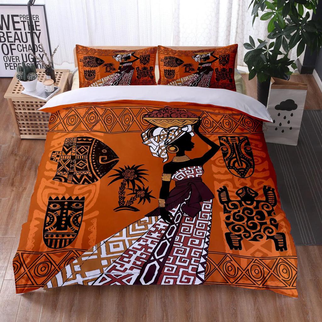 Afrikansk kvinna Sängklädesset Etnisk Afro Påslakan Mikrofiber Afroamerikansk Täcke Set 3 Delar Orange Forntida Öken Full