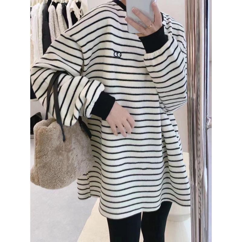 

Women s Striped Fleece-Lined Loose Mid-Length Sweatshirt - Autumn/Winter Brushed T-shirt Trend S