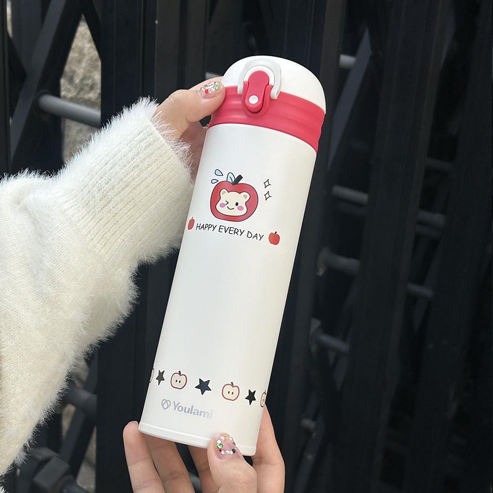 

Double-Layer Stainless Steel Bounce Cover Thermos Cup With Straw Men S And Women S Portable Car Cup Printed Water Cup 500ml