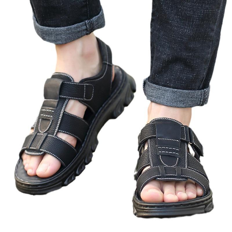 Cowhide Summer New Cowhide Casual Beach Shoes Wear-resistant and Non-slip Middle-aged and Elderly Cool Slippers Men