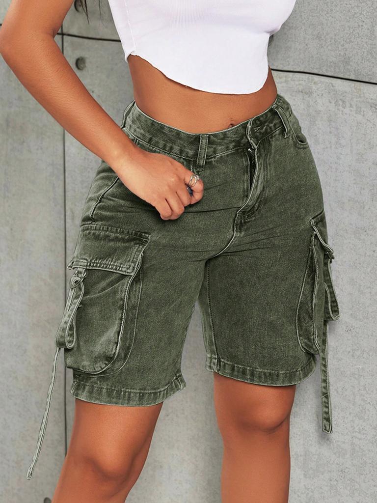 Rose Beauty A Y2K Street High Waist Flap Pocket Tape Detail Work Cargo Denim Bermuda Wide Leg Jean Shorts Summer Comfy Trendy Jorts