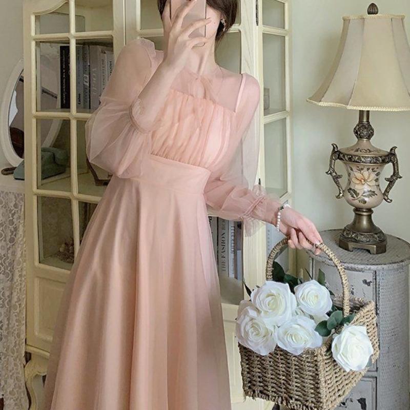 Soft Style French First Love Sweet Long Sleeve Pink Dress Elegant Princess Maxi Skirt
