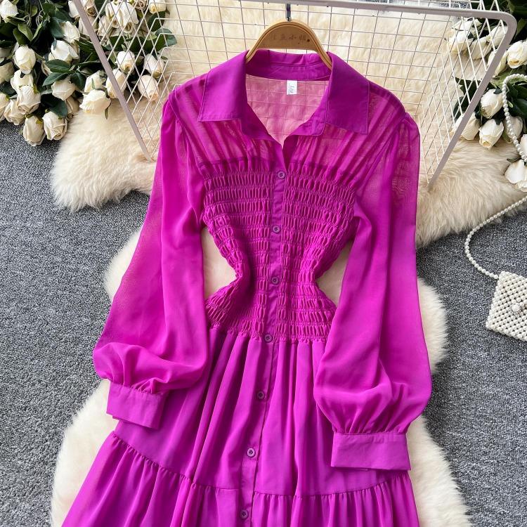 Women's Casual Dresses - Spring Autumn Women Vintage Draped Long Maxi Dress A Line Single Breasted Long Sleeve Turn Down Collar Red Green Purple