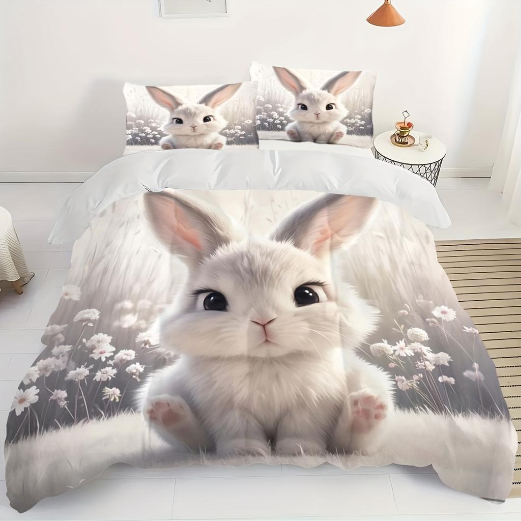 3-teiliges entzückendes Kaninchen-Druck Bettwäsche-Set - Weiches Polyester Digitaldruck Komfort Enthält 1 Queensize Bettbezug & 2 Kissenbezüge