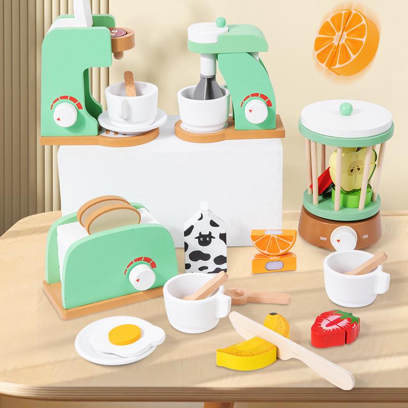 Toddler Pretend Play Wooden Kitchen Set: Toaster, Mixer, Coffee Maker, Juicer Toy.
