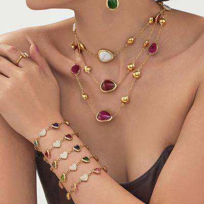 Dopamine Water Drop Resin Necklace & Zircon Heart Glass Bracelet Set