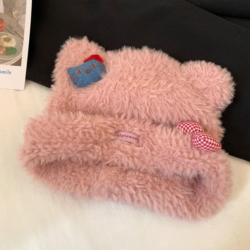 Cute Cat Plush Knitted Hat Women's Autumn and Winter Thickened Warm and Cold-proof Wool Hat Showing Small Face Ear Protection Hat