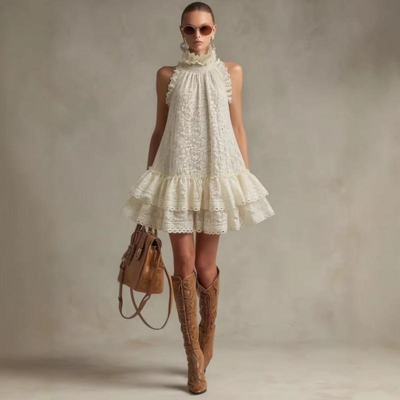 Vintage Beige Lace Sleeveless Ruffle Mini Dress Women