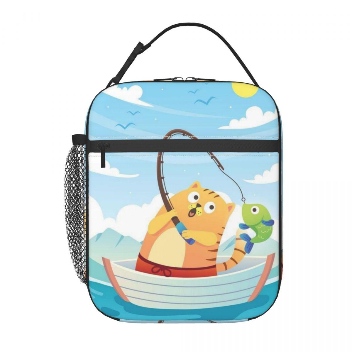 

Cartoon Small Cat Fishing Insulated Lunch Bag for Kids School Cooler Thermal Food Box Tote Leakproof Lunch Boxes Container One Size