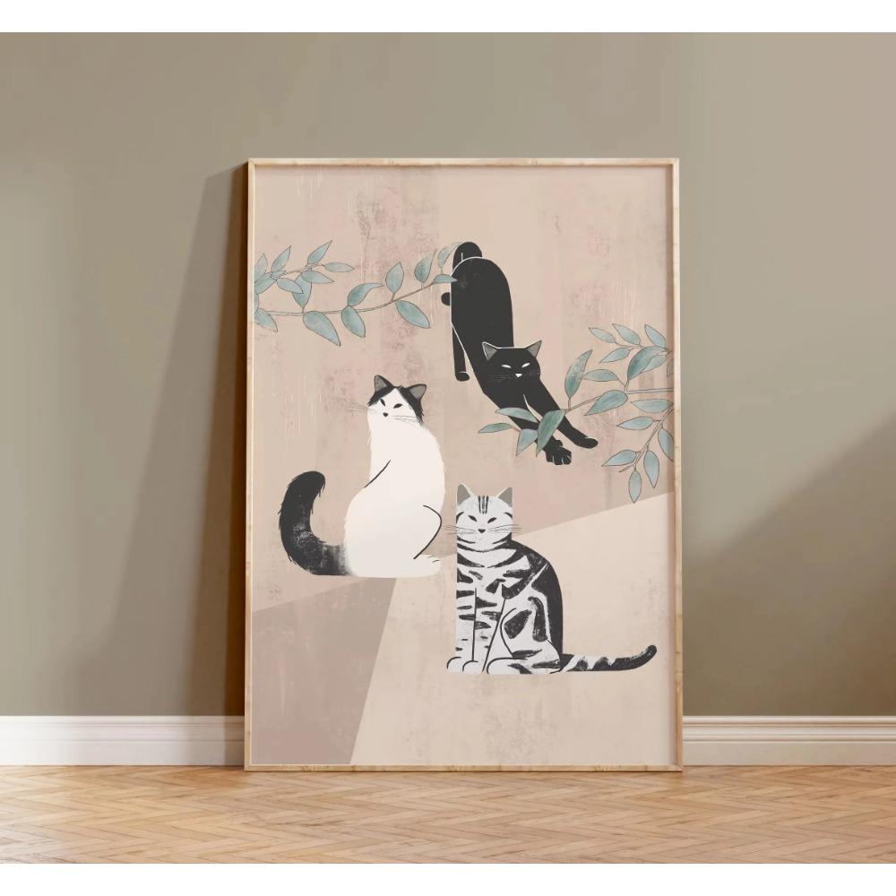 Watercolor Cute Kittens Potted Plant Canvas Print Cartoon Green Plants Animals Wall Art Postes for Modern Living Room Home Decor
