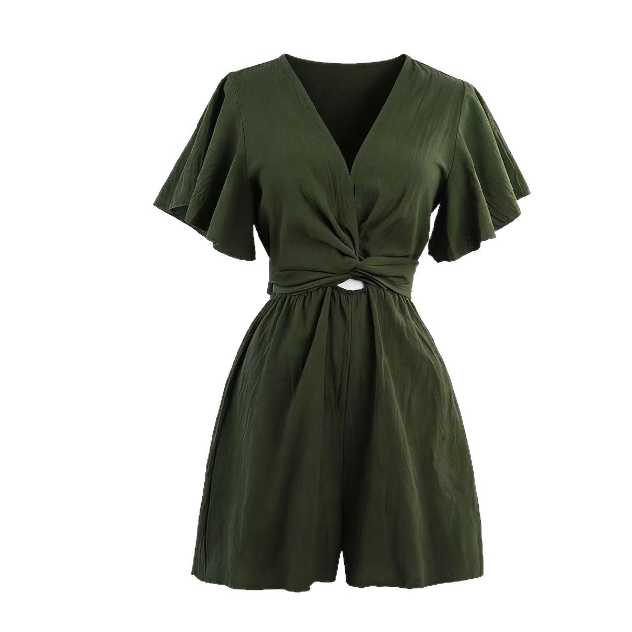 

2026 Chic European-American V-Neck Jumpsuit for Women - Solid Color, Spring/Summer Collection XL армія зелений колір