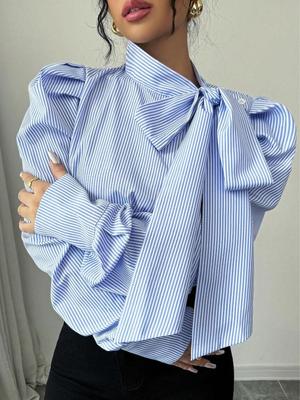 2026 Spring Women's Striped Casual Long-Sleeve Shirt with Ribbon Bubble Sleeves
