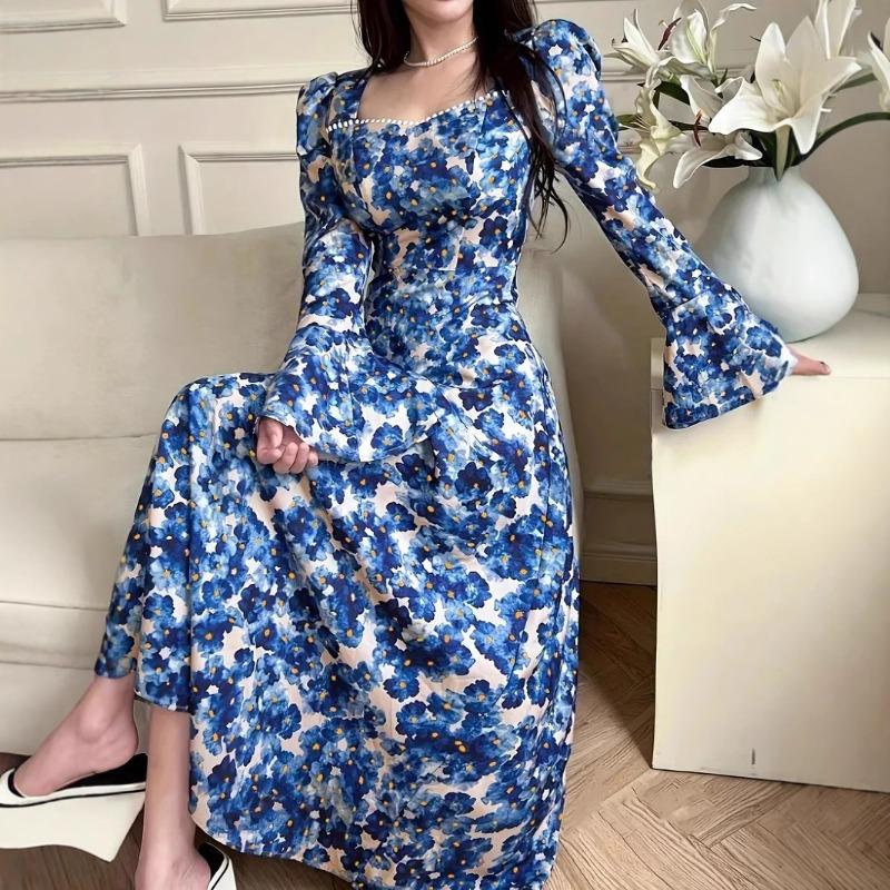 Damen Vintage Kleid Frühling Eckiger Kragen Puffärmel Taillenverschlankend Großer Schwung Blumenkleid