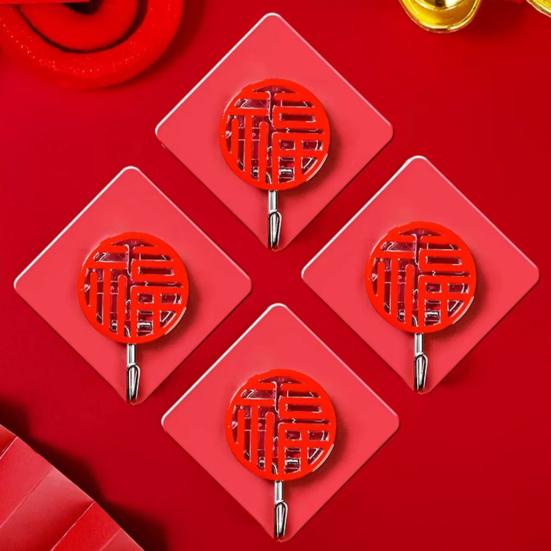 8Pcs Chinese Style Self-adhesive Hooks Drill-Free Installation Festive Decor Hooks Red Lanterns Chinese Knots Hooks for Spring Festival Home