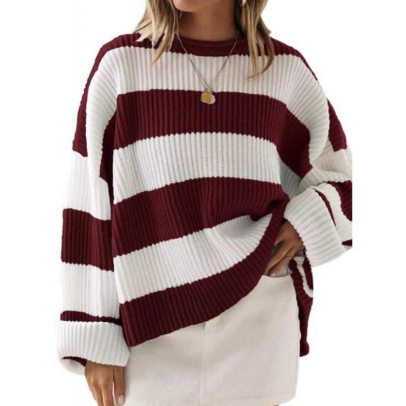 Women's Blue and White Stripe Loose Fit Long Sleeve Crew Neck Sweater