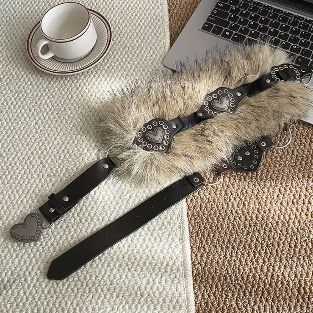PU Leather Furry Waistband Patchwork Heart Y2K Waistband Personality Plush Belt  Female/Girls