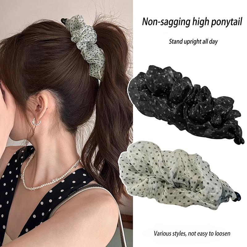 Korean-Style Polka Dot Colour-Block Pleated Printed Mesh Hair Clip For Women Fashionable Banana Clip Hair Accessory