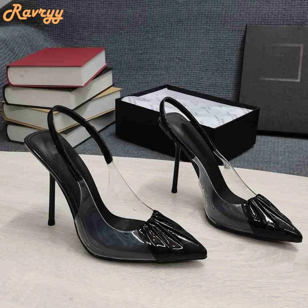Patent Leather Pleated Stiletto High Heels Pvc Cover Pointed Toe Sandals Women Sexy Back Strap Sandals Black/red/nude