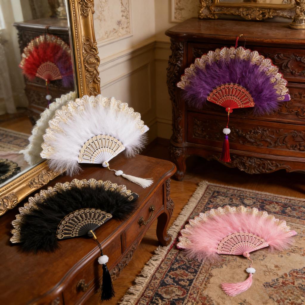 Vintage Feather Fan Classical Hand Dancing Fans Chinese Style Lace Folding Fan Art Crafts Gifts Dancing Proformance Party Decor