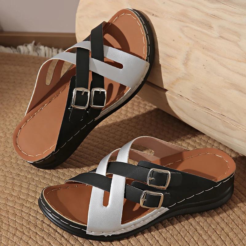 Fashion Mix Color Cross Strap Wedge Slippers Women Summer Non Slip Platform Sandals Woman Lightweight Soft Thick Sole Sandalias Mujer 43