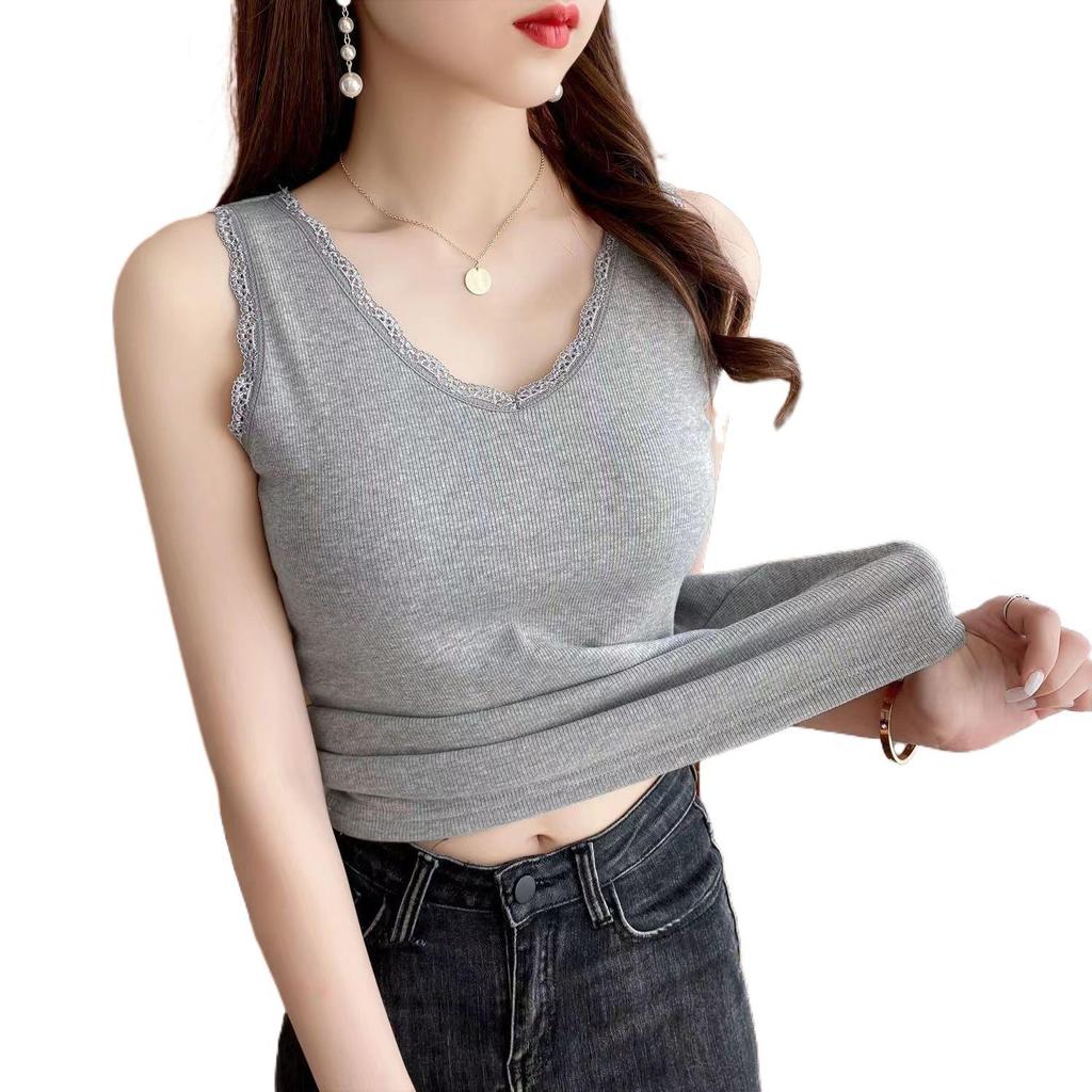 Modal Cotton V-Neck Lace Trim Ribbed Tank Top - Slim-Fit Versatile Camisole for Spring/Summer