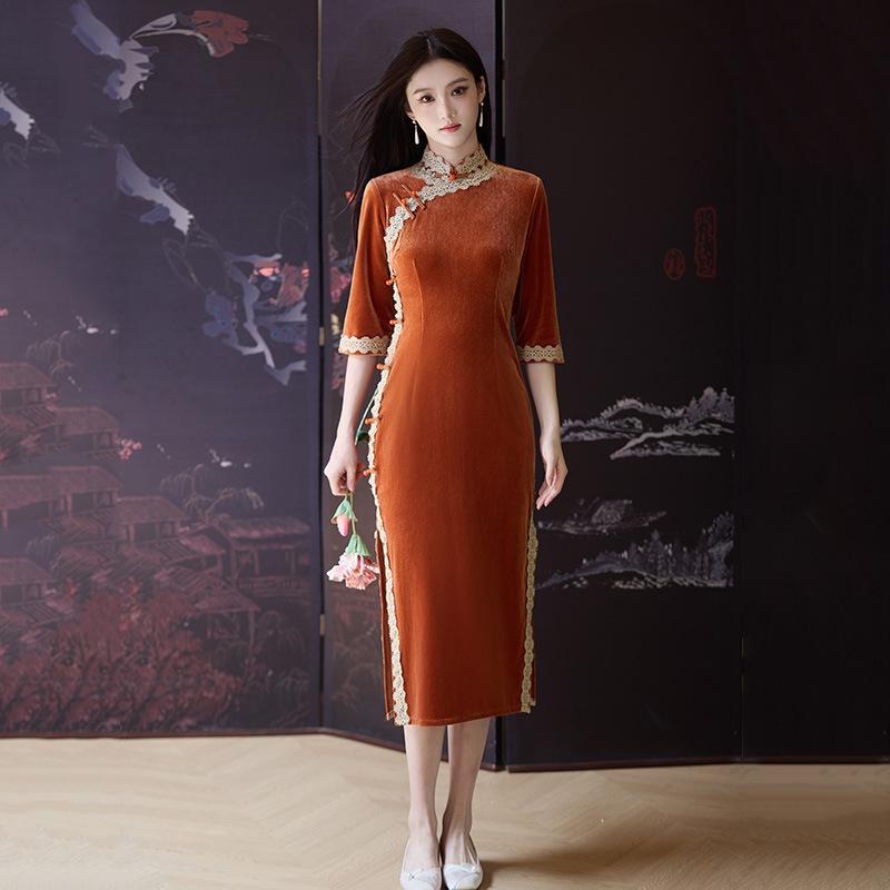 Orange velvet national style new Chinese long autumn long-sleeved cheongsam improved young women's high-end sense retro spring and autumn