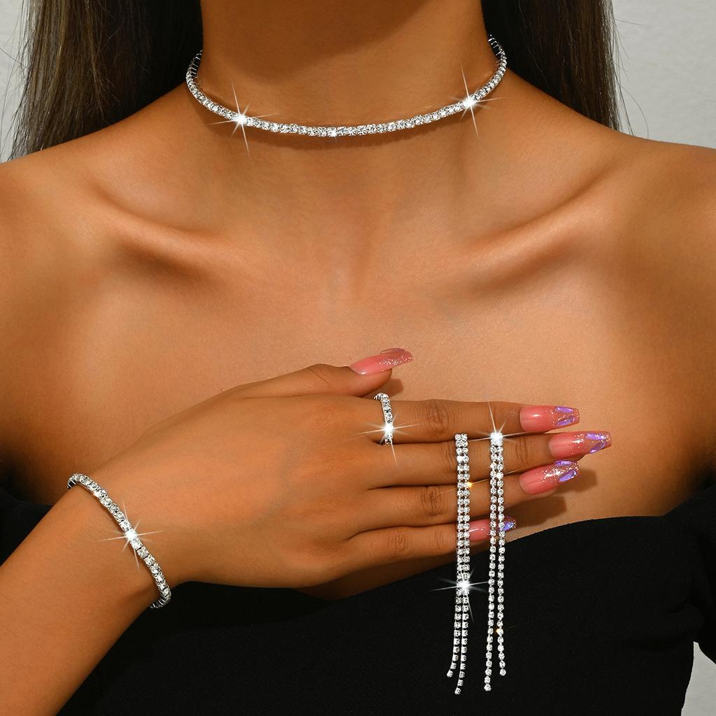 Full Diamond Earrings Ring Premium Zircon Necklace Bracelet Set Jewelry