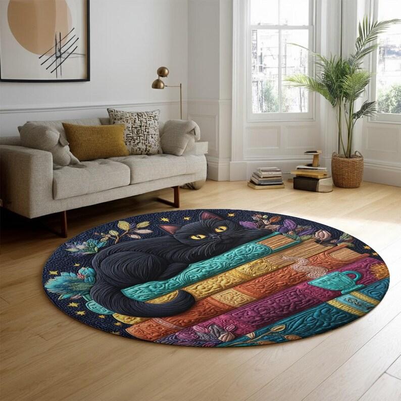 Black Cat Rug Round Area Mat for Living Room Bedroom Black Area Carpet Horse Living Room Bedroom Holiday Home Decoration Rugs 100cm