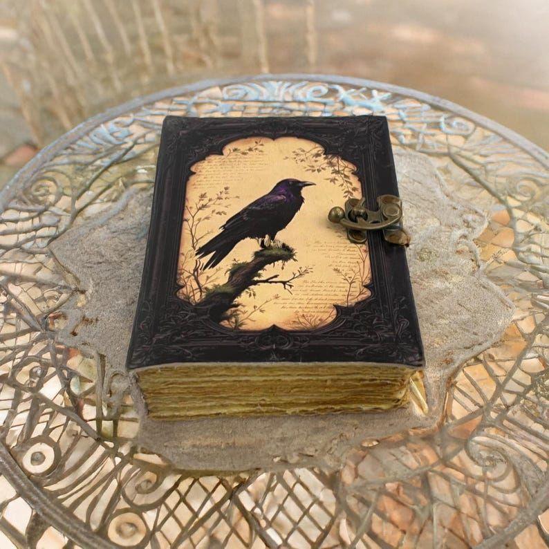 Vintage Gothic Raven Leather Journal - Dark Academia Gift, Writing Diary, Wiccan Grimoire Book Of shadows