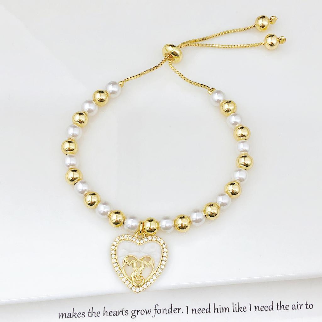 Hot Sale Zircon Shell Mother Theme Copper Bead Pearl Chain Bracelet Fashion for Women Mom Holiday Mother's Day Jewelry Gift
