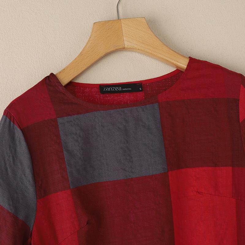 ZANZEA Women Casual Plaid Print Summer Half Sleeve Blouse