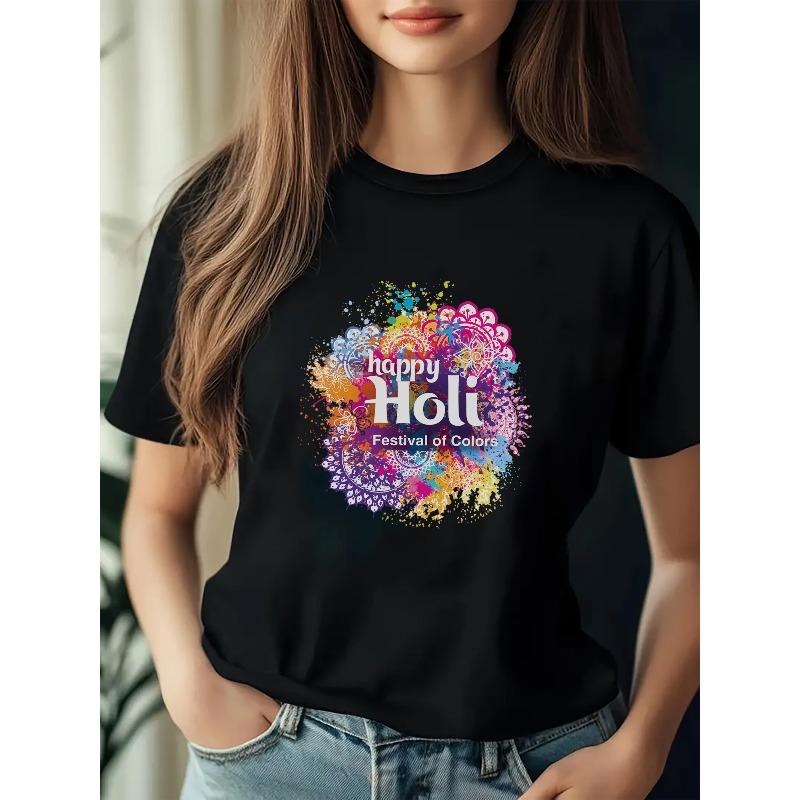 

European sizes Women S Happy Holi Festival of Colors Tie-Dye Letter Print T-Shirt - Vibrant Breathable Round Neck Short Sleeve Tee for Casual 4XL