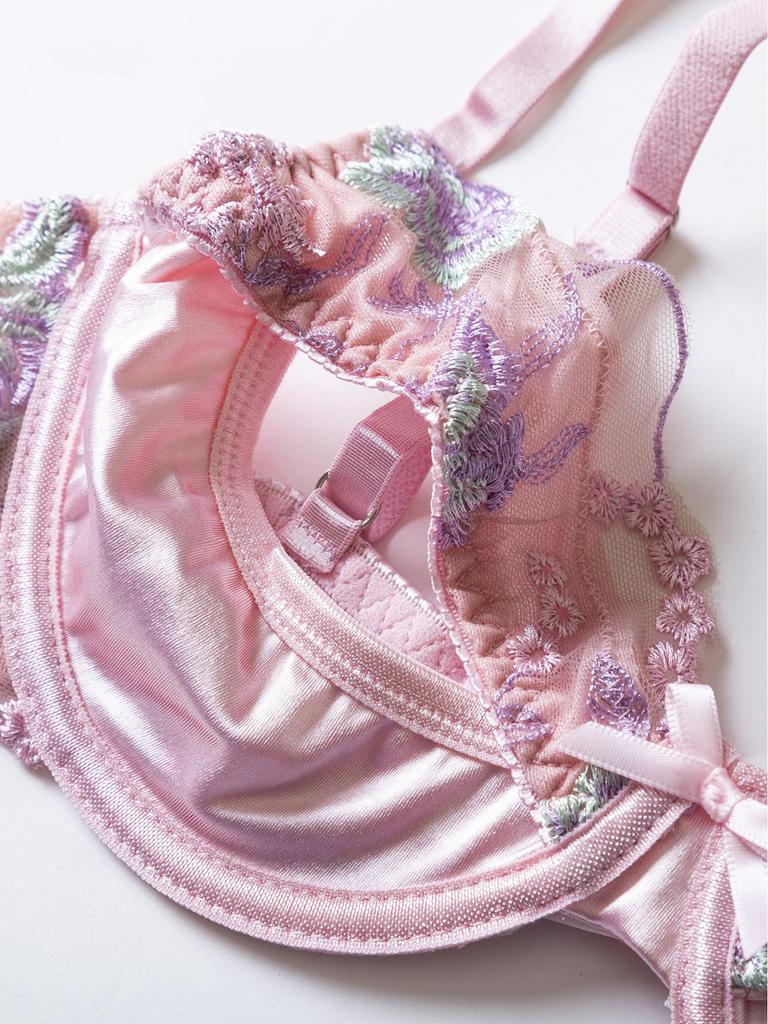 Pink Satin Embroidered Lingerie Set with Open Cup Bra, Garter, and Panty