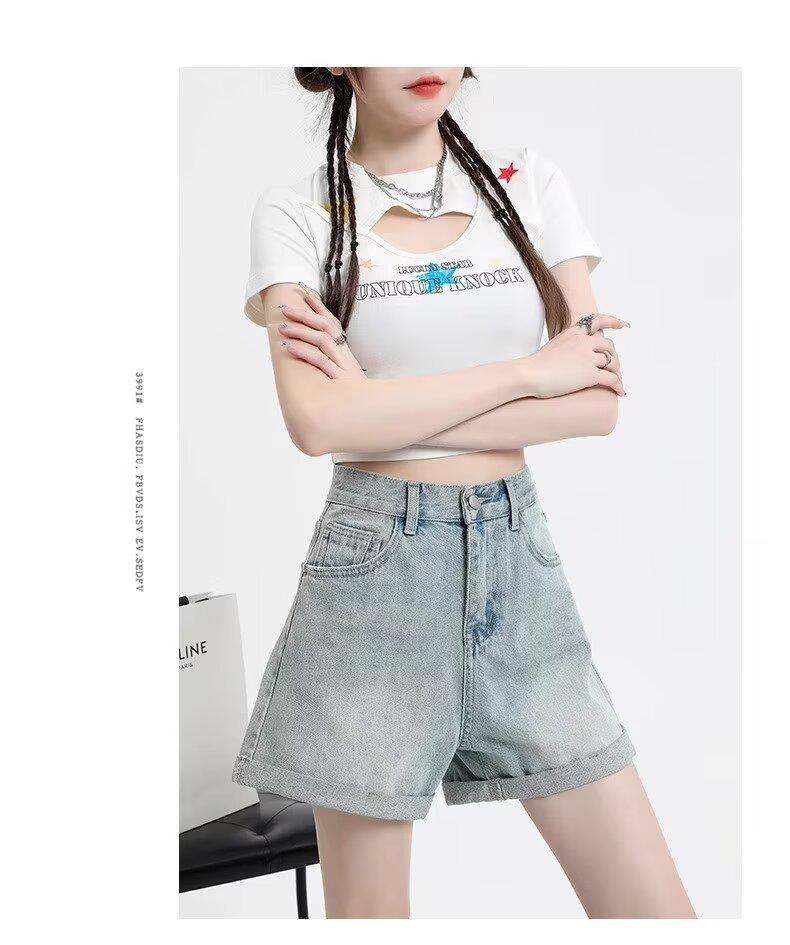 2024 Women's High Waist Slimming Rolled Edge Denim Shorts - Trendy European Style