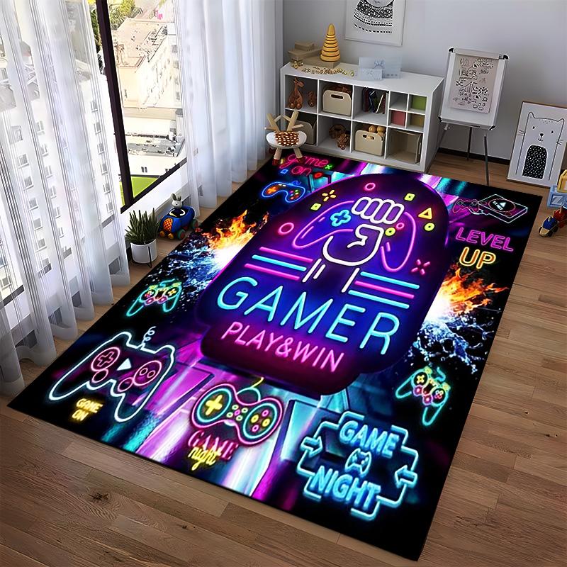 Gamer Neon Carpet with Game Controller Design and Play & Win Text Suitable for use as an anti-slip for living room bedroom sofas