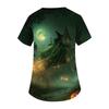 Women's V-Neck Short Sleeve Scrub Top with Pockets Halloween Print for Work
