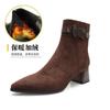 Coarse-heeled short boots women's retro 2025 new autumn and winter pointed brown boots French suede medium tube slim high-heeled boots