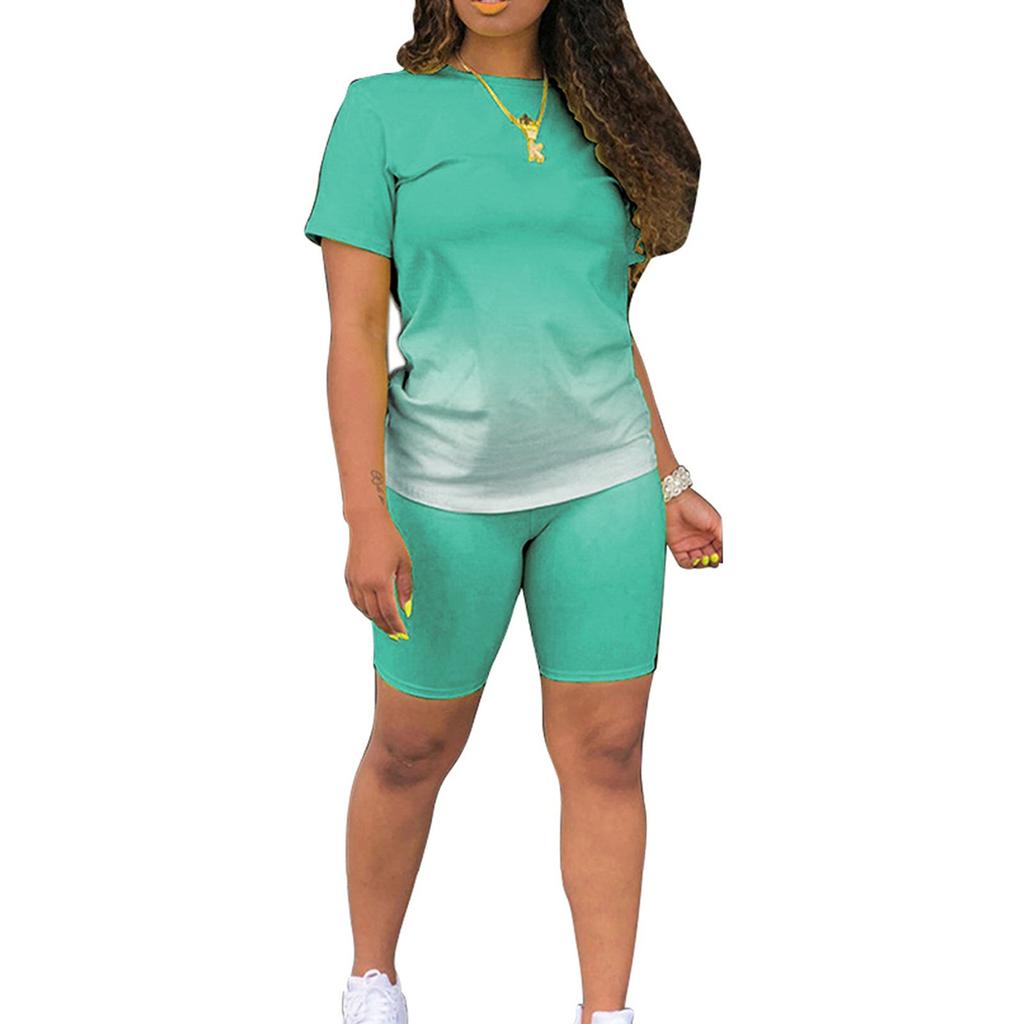 Sommer 2-teiliges Outfit für Damen, kurzärmeliges T-Shirt, Hose, Shorts, Farbverlaufs-Trainingsanzug, Sportbekleidung