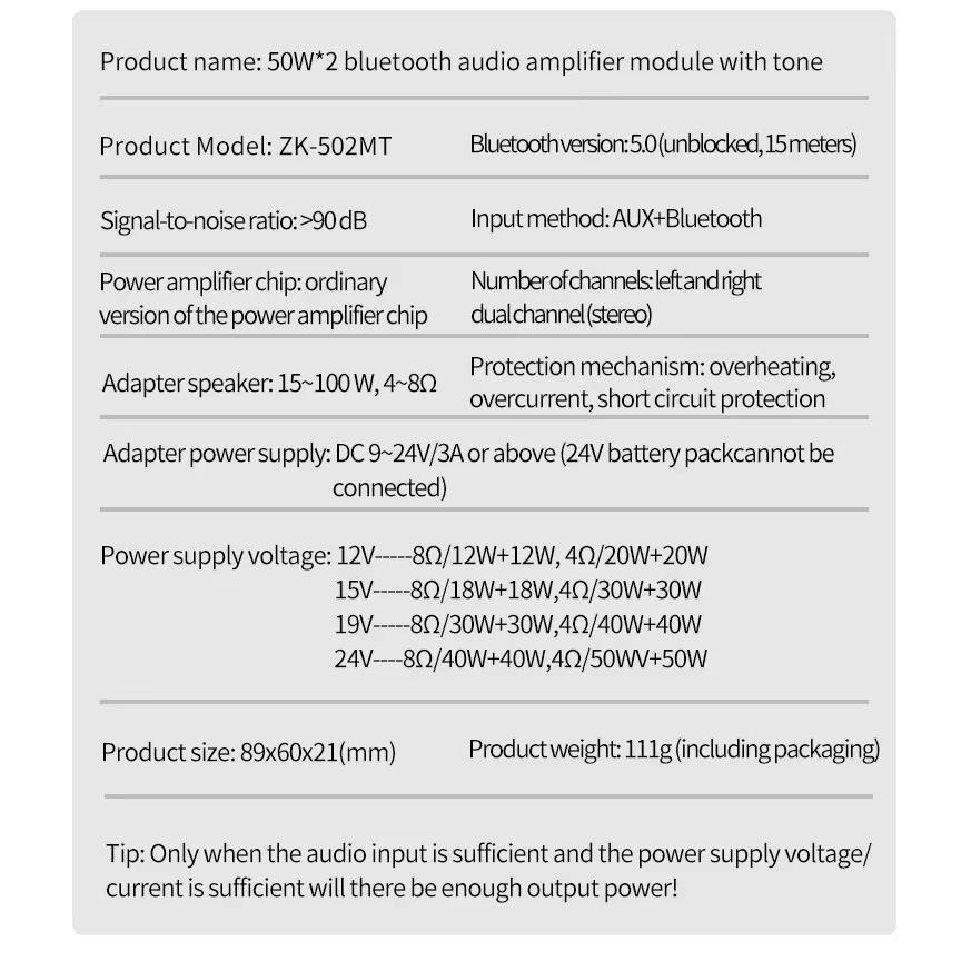 Bluetooth 5.0 Subwoofer Amplifier Board 2.0 Channel High Power Audio Digital HIFI Stereo Amplifier Board 2X50W Bass AMP ZK-502MT