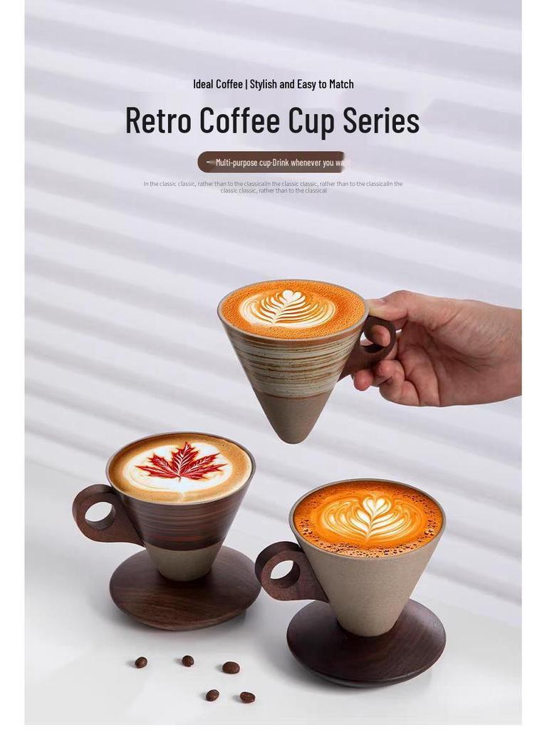 Nordic Retro Handmade Ceramic Cone Coffee Cup and Saucer Set
